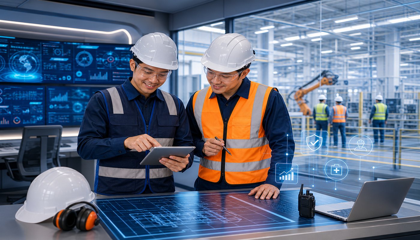 Engineering team reviewing a digital industrial plan