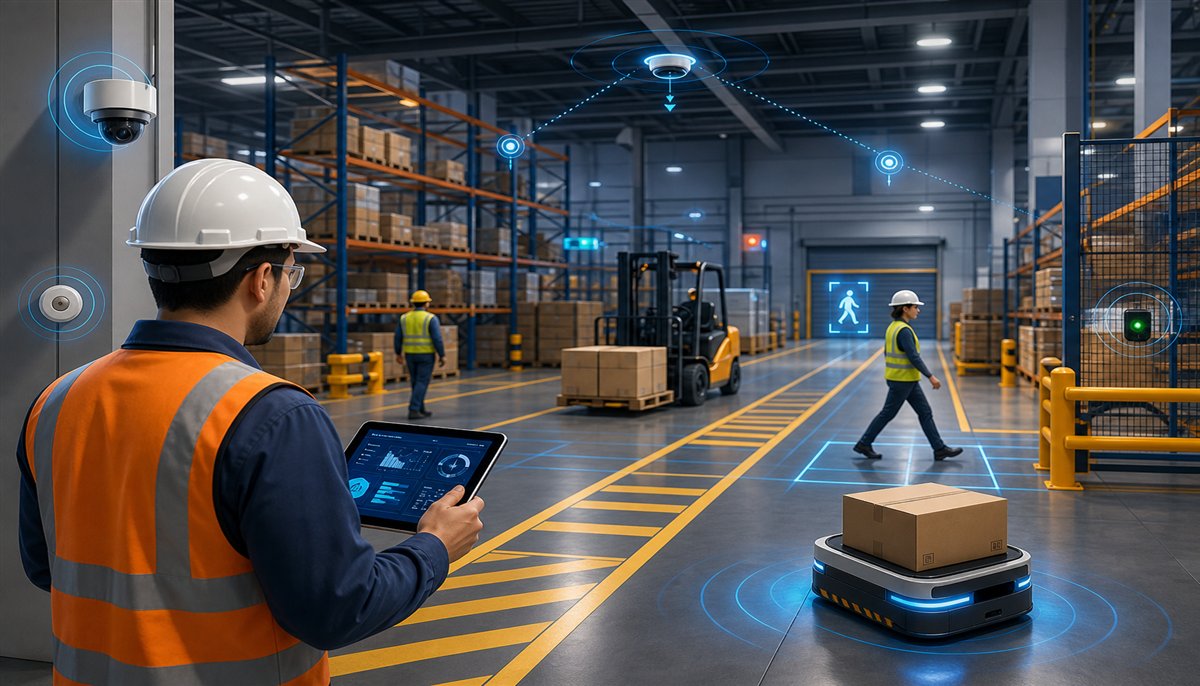 Modern logistics warehouse with safety systems