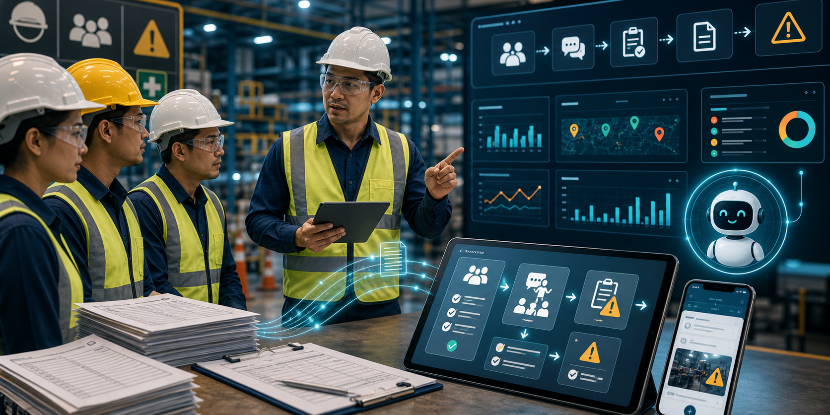 Digitalisasi rutinitas safety berbasis AI YASSTECH Tim safety menggunakan tablet untuk digitalisasi toolbox meeting risk assessment dan hazard report berbasis AI