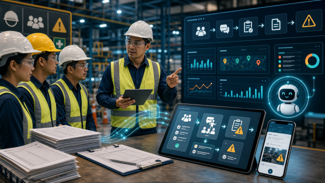 Digitalisasi rutinitas safety berbasis AI YASSTECH Tim safety menggunakan tablet untuk digitalisasi toolbox meeting risk assessment dan hazard report berbasis AI