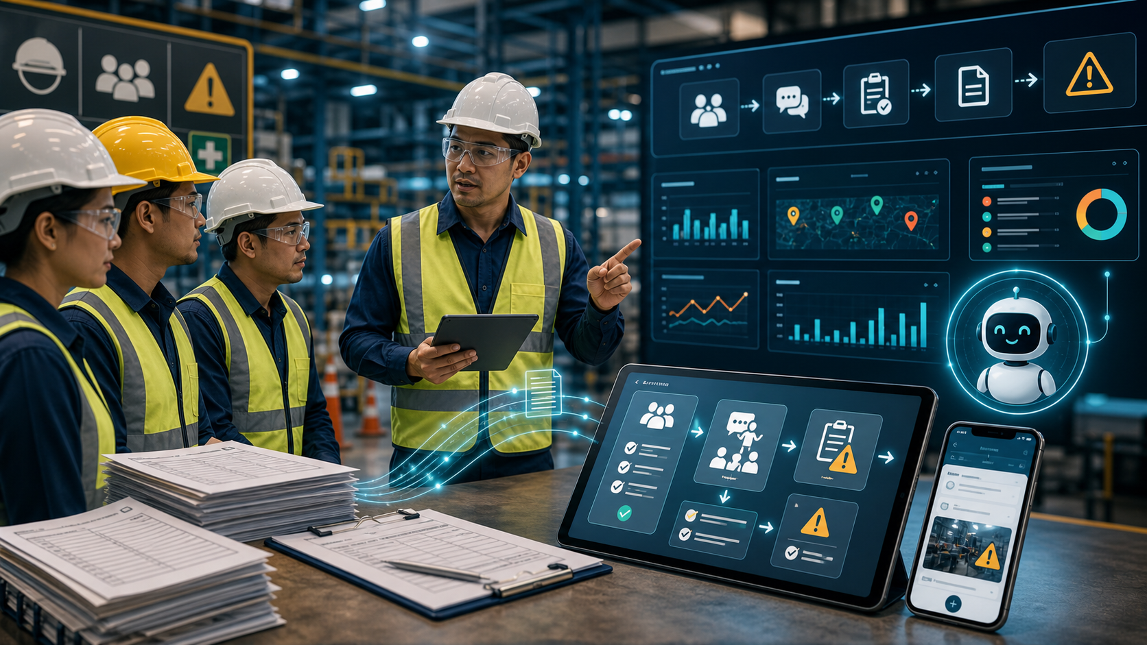 Digitalisasi rutinitas safety berbasis AI YASSTECH Tim safety menggunakan tablet untuk digitalisasi toolbox meeting risk assessment dan hazard report berbasis AI