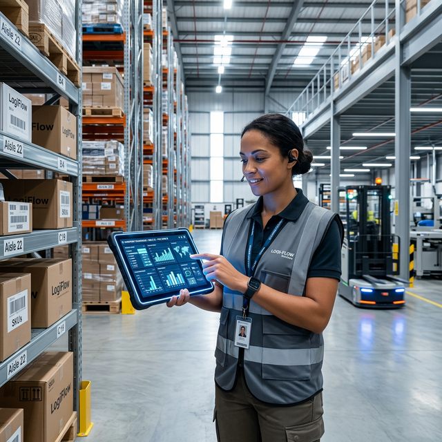Worker using tablet in logistics warehouse