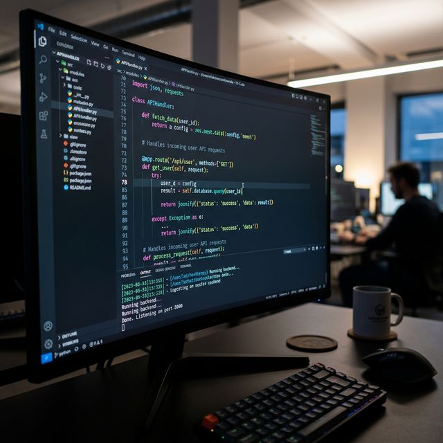 Modern software code on developer monitor